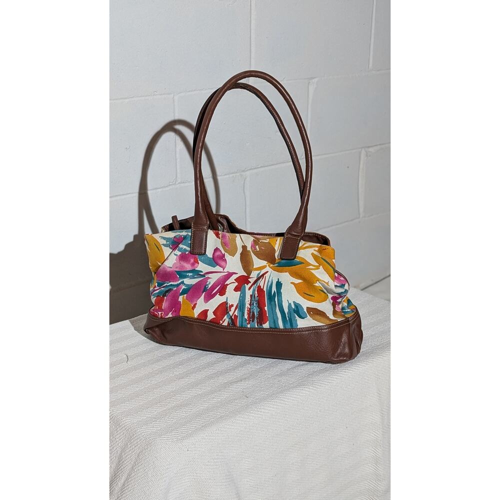Merona Floral Print Satchel Handbag Brown Faux Leather Trim Shoulder Bag Purse - Picture 2 of 9